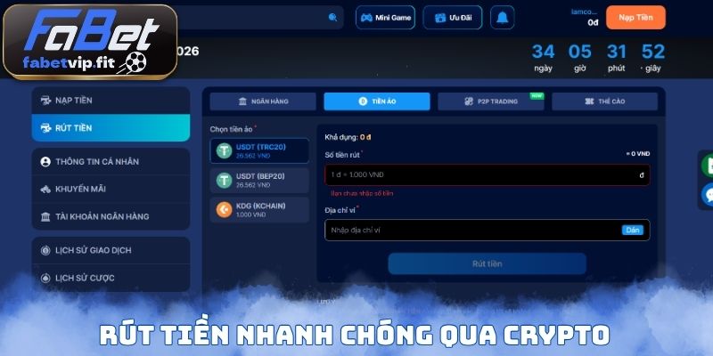 Rút tiền nhanh chóng qua Crypto